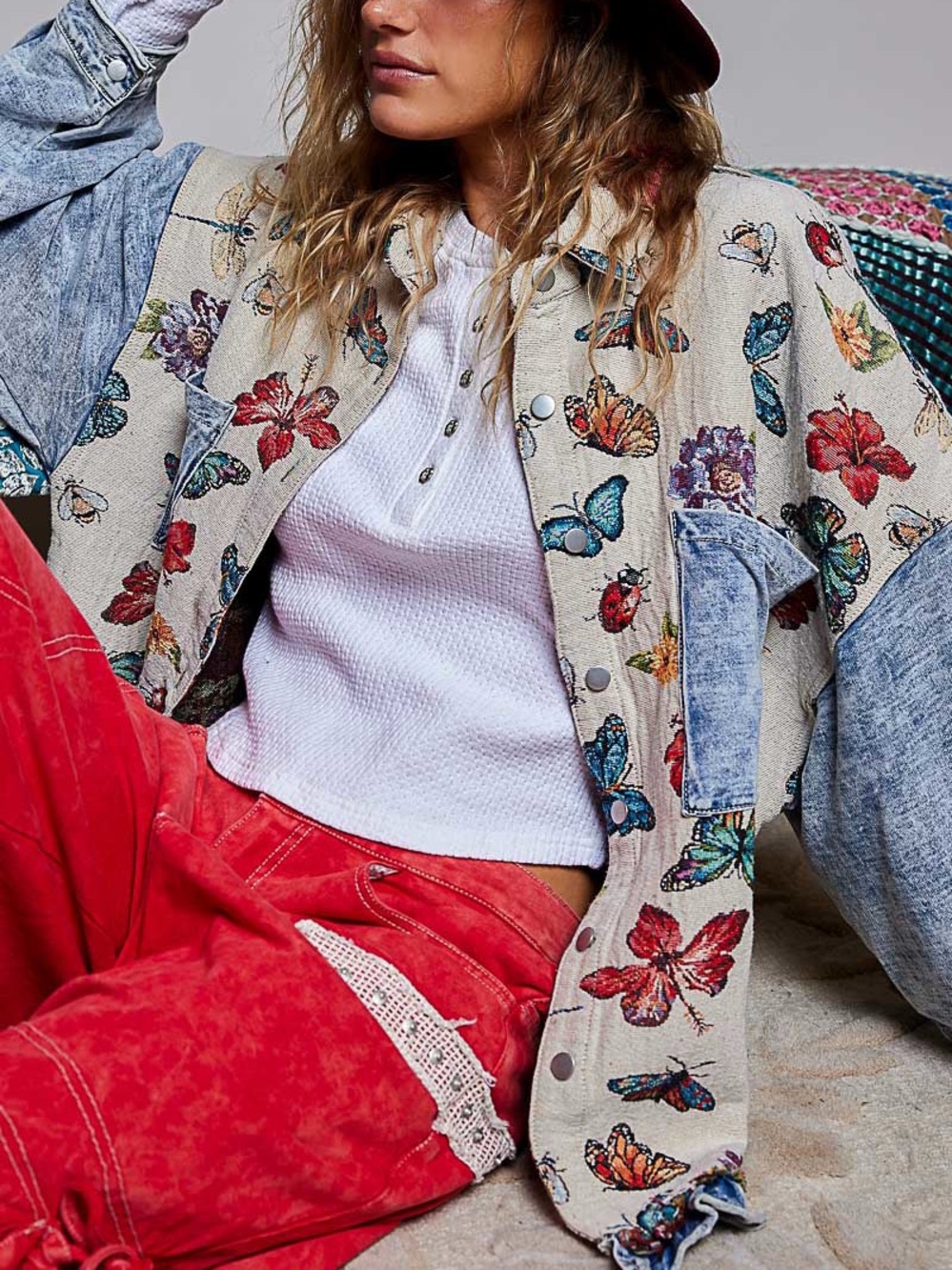 NWT POL Bohemian Almond Butterfly Denim Jacket S M L